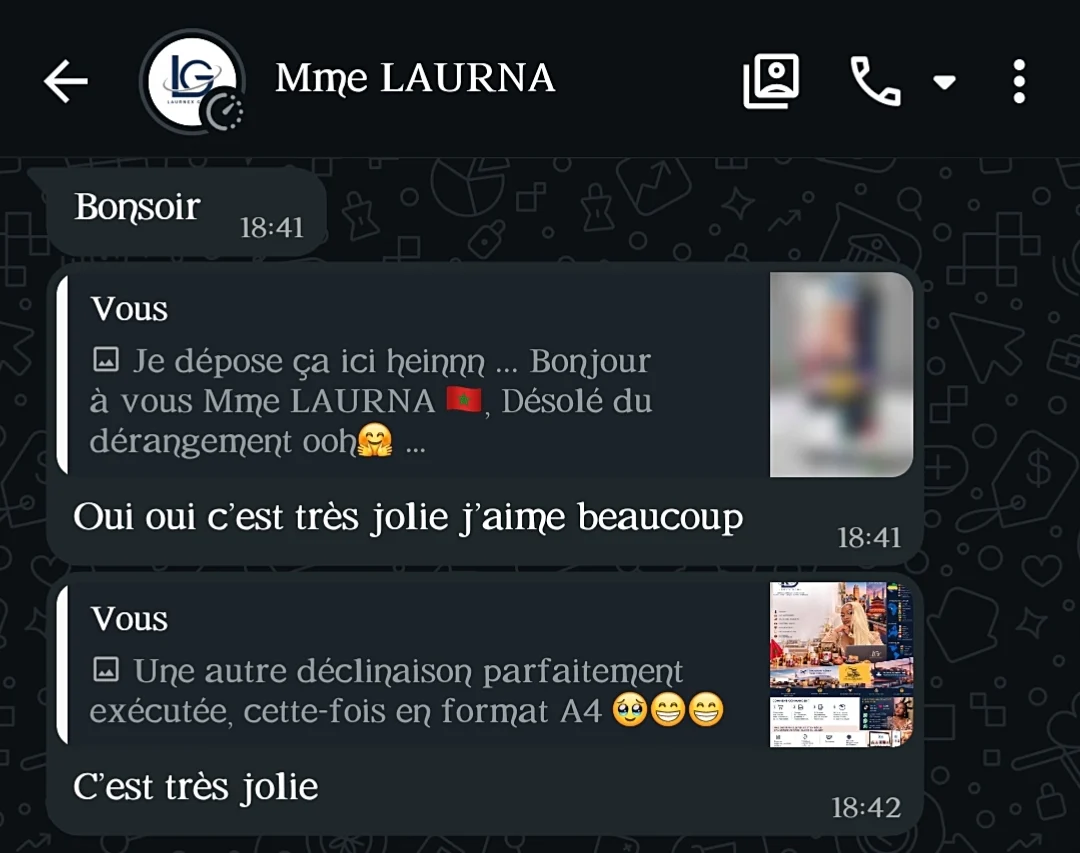 Messages WhatsApp de Mme LAURNA : « Oui oui c'est très jolie j'aime beaucoup » et « C'est très jolie »