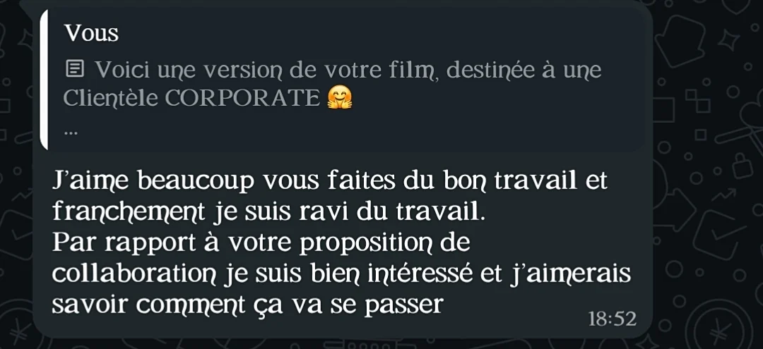 Message WhatsApp d'une cliente : « J'aime beaucoup vous faites du bon travail et franchement je suis ravi du travail »