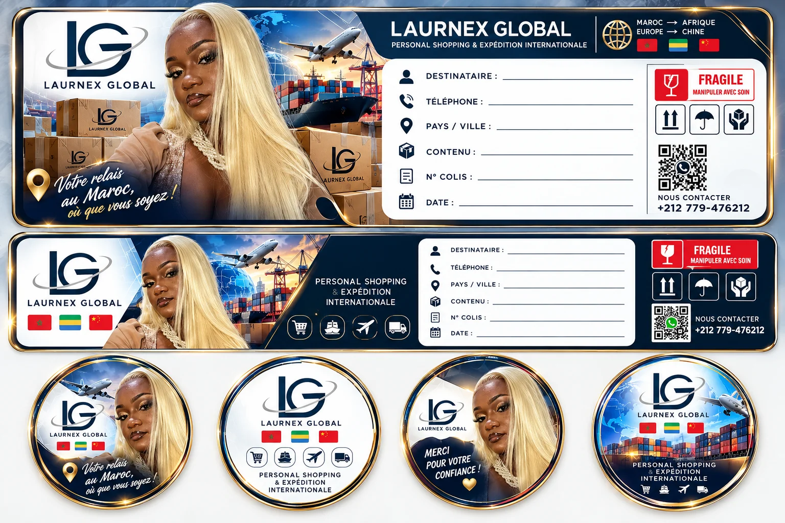 Le kit LAURNEX GLOBAL : deux formats d'étiquettes de colis et quatre stickers ronds
