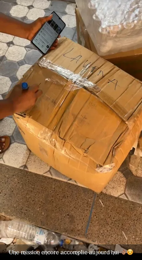 Statut WhatsApp de Laurna : un carton marqué LAURNA au feutre, légende « Une mission encore accomplie aujourd'hui »